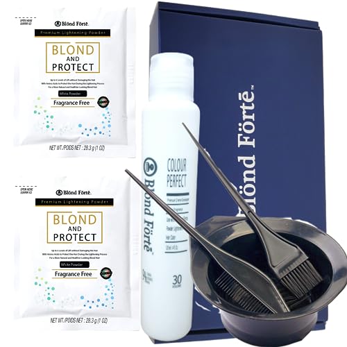 Blond Forte Blond And Protect DIY Hair Lightening Kit 8+ Level Hair Bleach Lightening Kit Combo - 30 Vol Developer & 3 PCS Set (White powder)