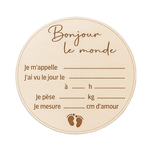 Carte bienvenue annonce naissance et prénom bébé en bois en francais - Disque prénom bébé, date, heure, poids et taille - Accessoire pancarte photo nouveau-né, souvenir maternité