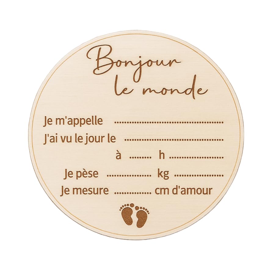 Carte bienvenue annonce naissance et prénom bébé en bois en francais - Disque prénom bébé, date, heure, poids et taille - Accessoire pancarte photo...