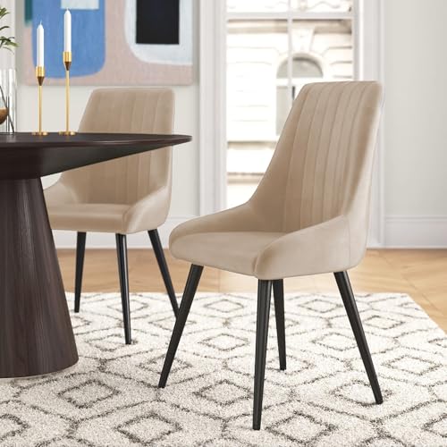 Image of Finch Fox Morris Velvet Dining Chair for Living Room, Bedroom, Home Office with Black Metal Legs in Cream Color