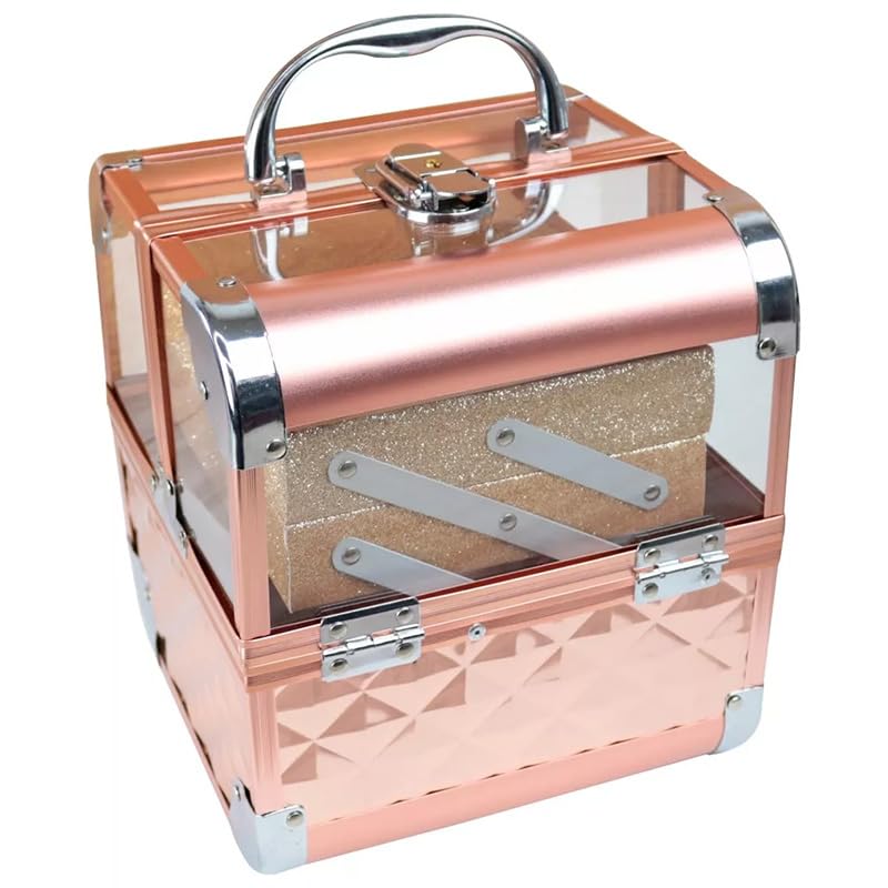 Maleta de maquiagem transparente com prateleiras de glitter e chave 18,5x18,5x21