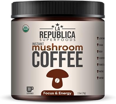 La Republica Organic Mushroom Coffee 30 Servings Made with Full-Fruiting Bodies, Arabica Shade-Grown with Lions Mane, Reishi, Chaga,Turkey Tail and More
