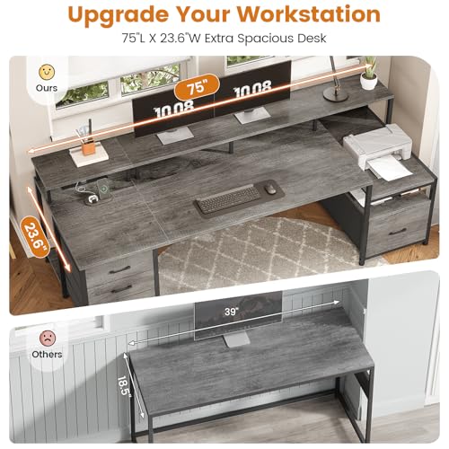 Image of SEDETA 75'' Computer Desk with 5 Drawer, Power Outlet & Led Lights, Home Office Desk with File Drawer, Storage Shelves, Printer Cabinet and Monitor Shelf, 23.6 inch W Large Desktop Gaming Desk, Grey