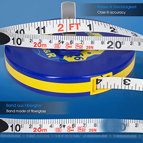 S&R Bandmaß Fiberglas 20m / 66 Ft, Breite 13mm, Rollmeter METER und ZOLL doppel Seiten markiert, Rollmaßband 20 m Maßmeter Kapselbandmass