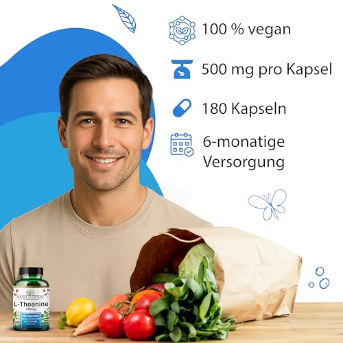 L-Theanin 500 mg – 180 Vegane Kapseln – Hochdosierte Aminosäure aus Grüntee | 6-Monatsvorrat | 98% Rein, Keine Zusatzstoffe | Hergestellt in Dänemark