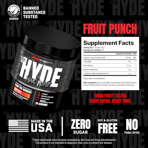 Image of ProSupps Mr. Hyde Max Pump Pre Workout Powder - Stim-Free Preworkout Supports Blood Flow, Muscle Volume & Endurance - Caffeine-Free Nitric Oxide Gym & Fitness Supplements (Fruit Punch, 20 Servings)