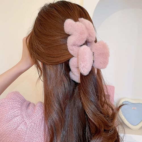 Rannyrena Large Faux Fur Hair Clips for Women Big Hair Claws for Thick Hair Cute Fuzzy Plush Hair Barrettes Strong Hold Non-Slip Hair Accessories (Light pink)