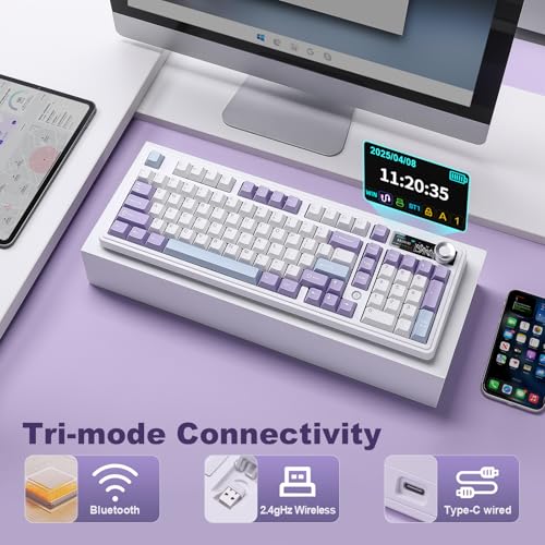 AJAZZ AK980 Mechanical Gaming Keyboard with Smart Display & Knob,98% Wireless Keyboard Tri-Mode BT/2.4G/USB-C, Hot Swappable, PBT Keycaps, with RGB Light for Win & Mac(Purple,Murad Switch) - Image 4