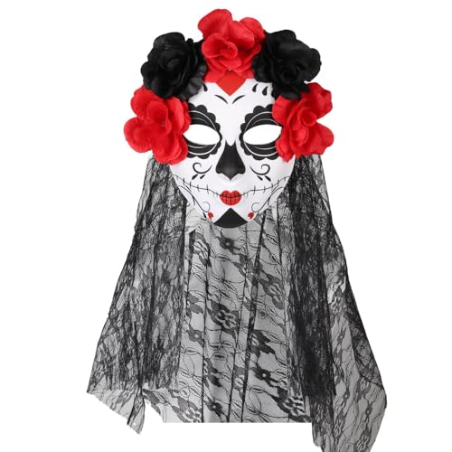 USUKUSI Day of The Dead Sugar Skull Mask with Veil and Rose Flowe...