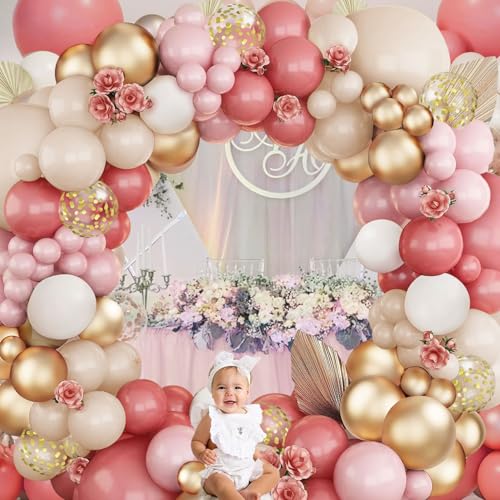 Image of Blush Pink Balloons Arch Kit, Dusty Retro Pink Sand White Nude Gold Metallic Balloons Garland Kit for Spring Party Boho Birthday Wedding Bridal Shower Party Decorations