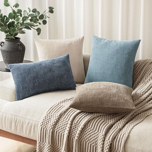 Image of Foindtower Pack of 2 Textured Chenille Throw Decorative Pillow Covers Square Accent Solid Cushion Cover Neutral Farmhouse Pillow Case for Couch Sofa Bedroom Living Room 20x20 Inch,Sky Blue