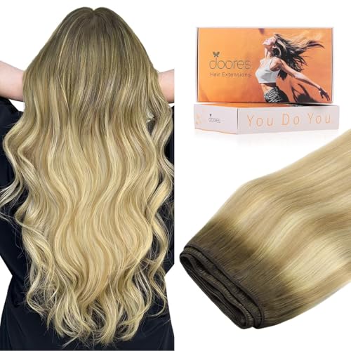 Image of DOORES Weft Hair Extensions Human Hair, 14 Inch 80g Light Ash Brown to Light Blonde Highlighted Golden Blonde, Brazilian Bundles for Sew In, Straight Hair Extensions