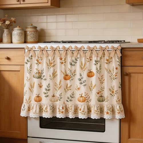 Thanksgiving Fall Oven Skirt Kitchen Curtains Pumpkin Leaf With Bow Ruffled - image 7