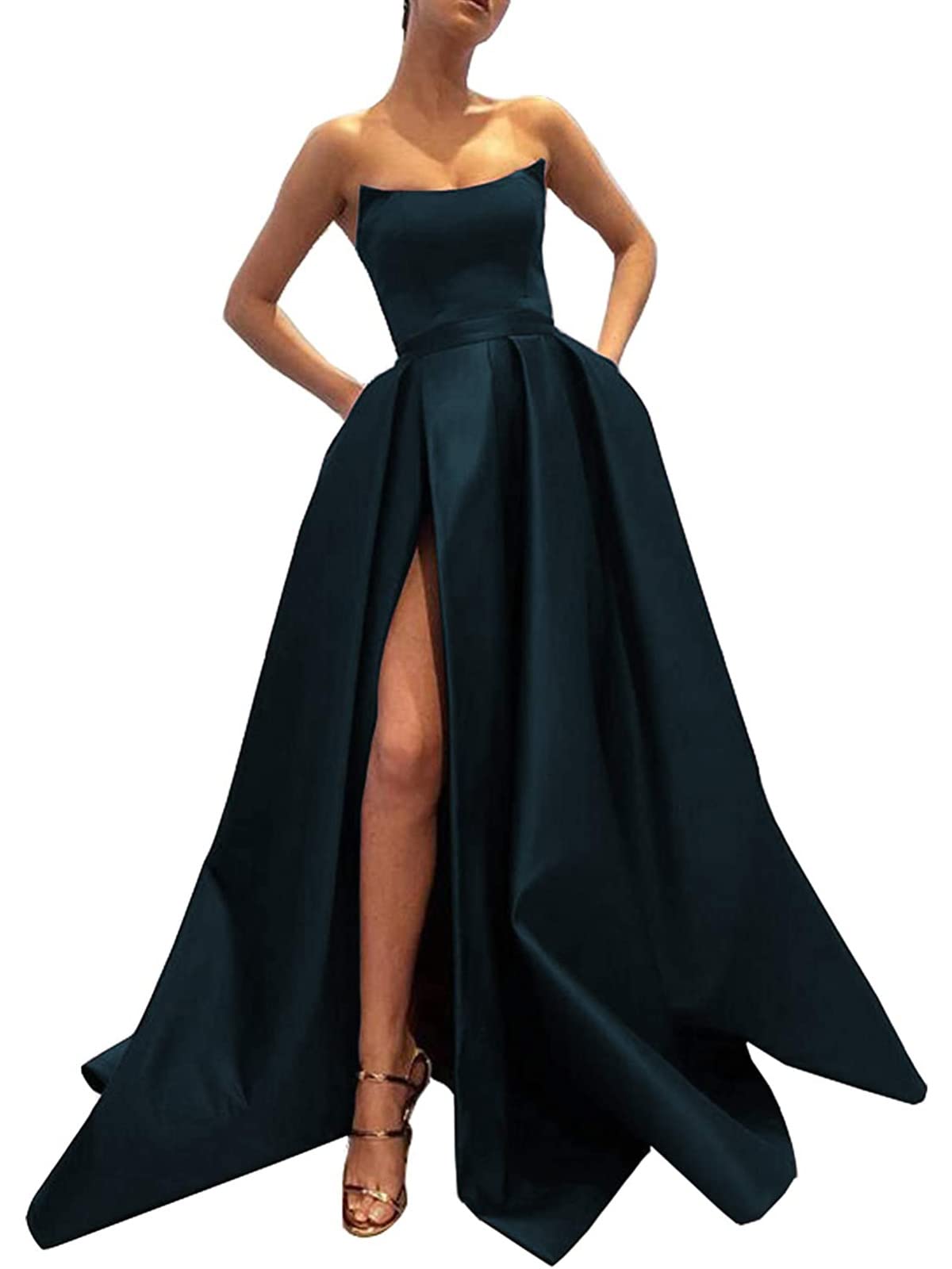 MllesReveWomens Long Strapless Satin Prom Dress Sleeveless Slit Evening Ball Gown with Pockets, Navy Blue, 8