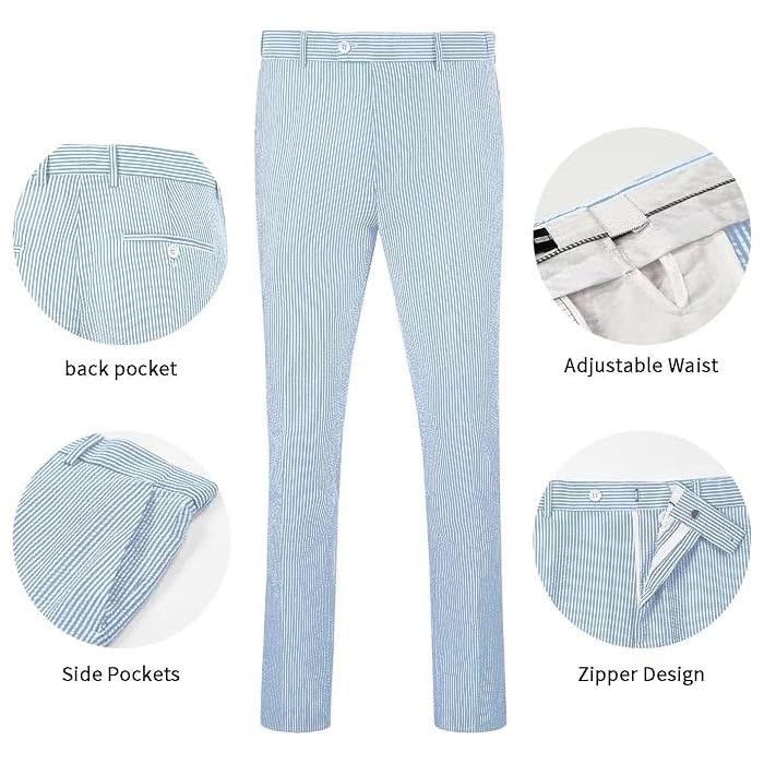 Mens Summer Seersucker Slim Fit Pants Mens Cotton Sear Sucker Suit Separate Pants Trousers Blue, 42 Regular2
