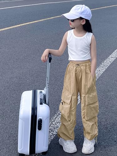 Image of Girls Cargo Pants Elastic Waist Drawstring with Pockets Pants | 6-14 years High Waist Loose fit School Hiking Casual