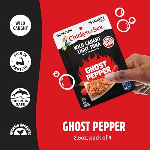 Image of Chicken of the Sea Lightly Seasoned Ghost Pepper Wild Caught Light Tuna, 2.5 Ounce Packets, 4-Count - Scorching Spice Flavored High Protein Tuna in Water - Easy, Nutritious Ready to Eat Meals