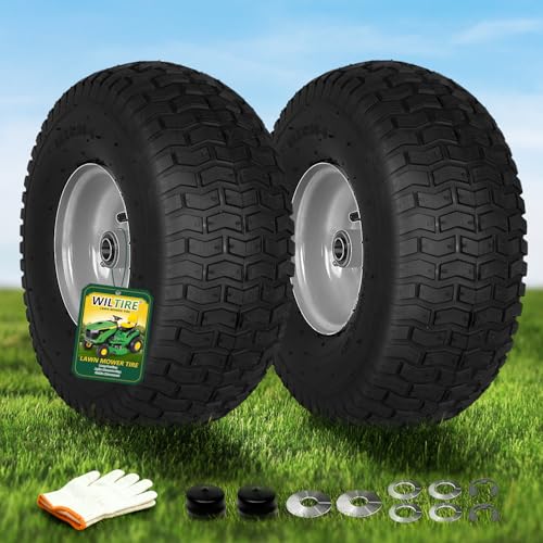 Wiltire 2 PCS 15x6.00-6 Lawn Mower Tires and Wheel Tire Assembly Replacement for Riding Lawn Mower Front Tires 3/4 Bearing 3 Centered Hub 4 Ply Pneumatic