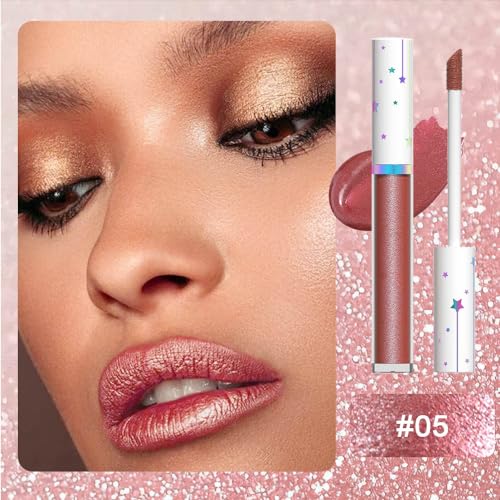 Image of evpct 1Pcs Mauve Red Metallic Shimmer Glitter Lip Gloss Liquid Lipstick Long Lasting Waterproof 24, Glitter Pearlescent Metallic Sparkly Glossy Liquid Lipsticks Lip Stain Makeup Set for Women 05#