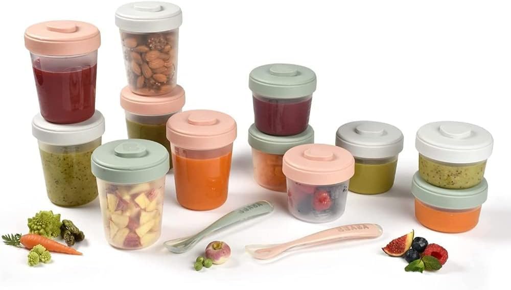 BÉABA, Set Vaisselle Silicone Repas Bébé, Avec Ventouse, Anti-dérapant, 4 Pièces, Assiette + Bol+ Verre + Cuillère & Lot de 12 Portions Conservation et 2 Cuillères Silicone, Clip, Pots empilables