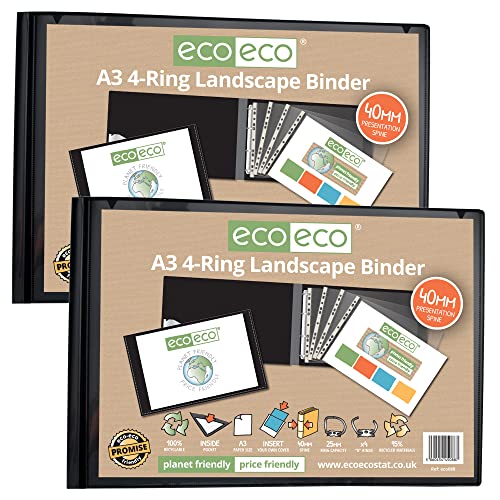 eco-eco A3 95% Recycled 4-D Landscape Ring Binder File Folder Black Artwork Portfolio Pack of 2 Folders eco088x2