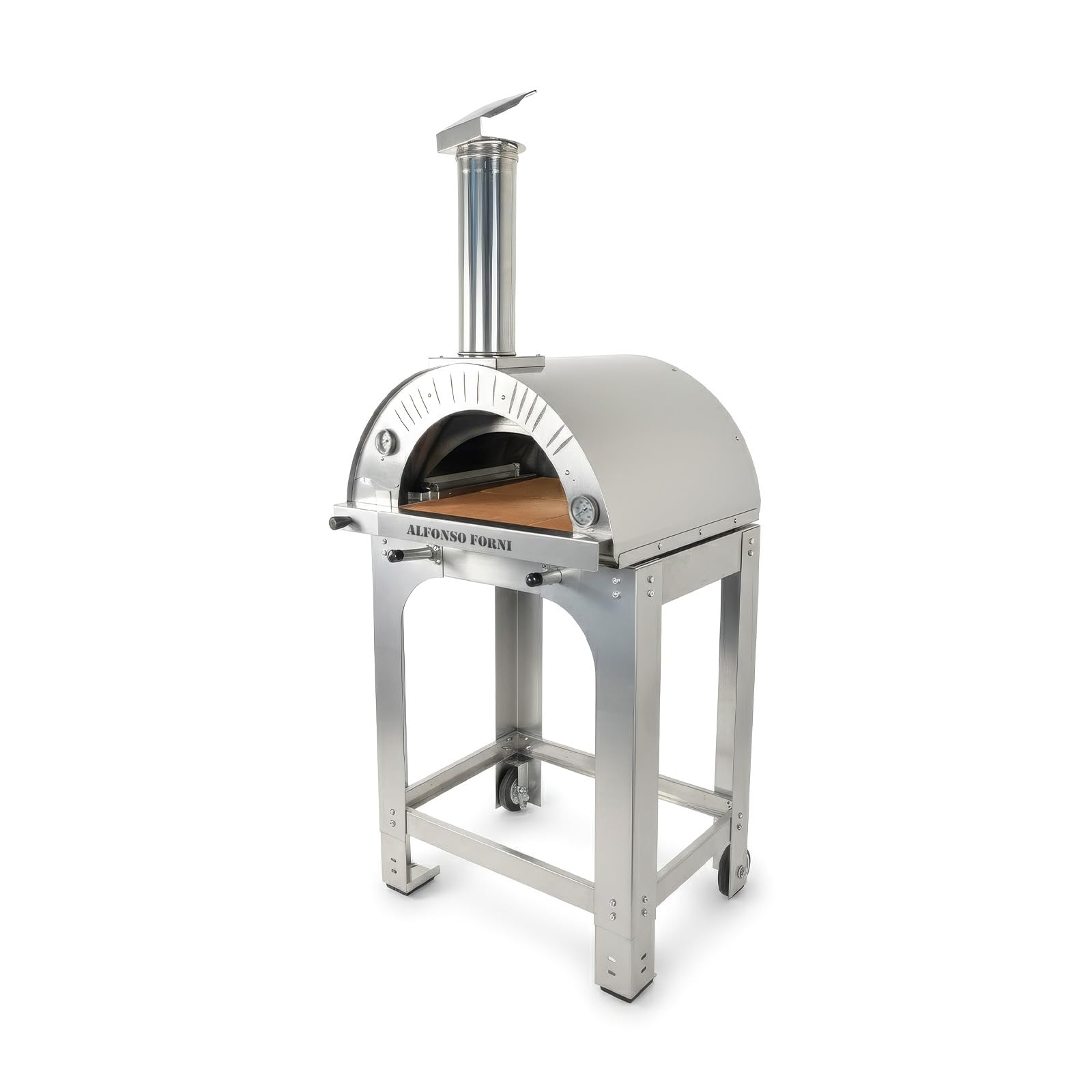 Forno pizza ibrido a gas e legna 2 pizze con tetto e carrello in acciaio inox, uso a legna o con bruciatore a gas, pietra refrattaria 3cm, 500 gradi, Made in Italy (Solo forno senza bruciatore)