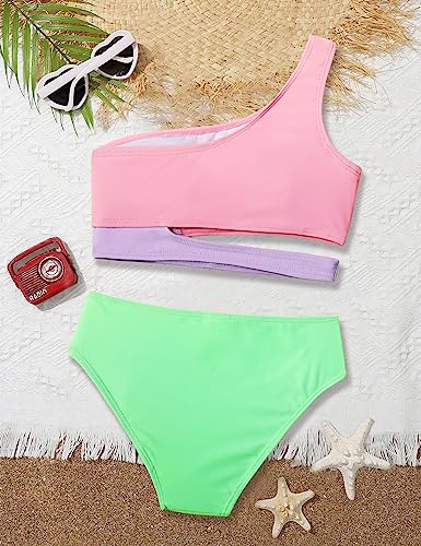 Image of Girls Swimsuit Size 7 Girls Bathing Suit Size 7-8 One Shoulder Girls Bikini Top High Waist Bottom Cutout Girls' Two-Piece Swimwear Pink Green 7-8 Years