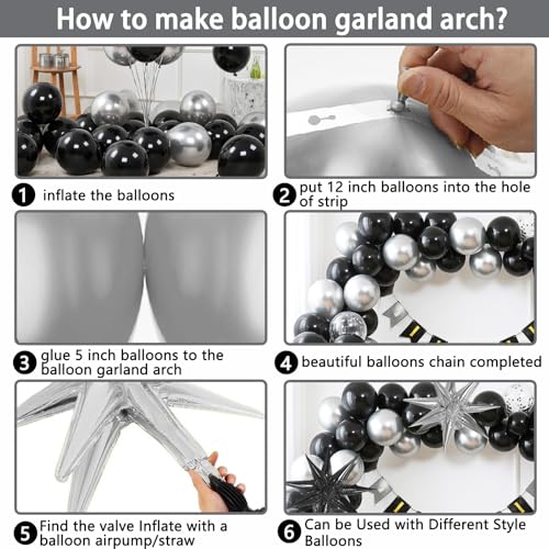 Image of Black and Sliver Balloons Arch Garland Kit, 5 10 12 18 inch Sliver Black Baloons with Explosion Star Ballons 101pcs Balloons for Anniversary Wedding New Year Birthday Party Decorations