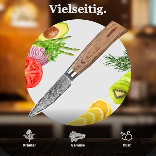 Foto von Wakoli EDIB Pro Officemesser aus echtem Damaststahl (VG10 Kern) 8 cm Klinge – Scharf und handlich – Kleines Küchenmesser, Obstmesser & Gemüsemesser – Damastmesser mit Pakkaholzgriff in Geschenkbox