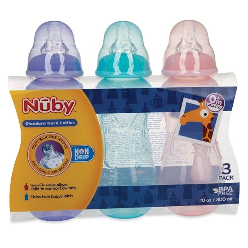Nuby Non-Drip Standard Neck Baby Bottles - 10 oz (3 Pack) - Vari-Flo Flow Control Nipple - Anti-Colic Air System - 0+ Months
