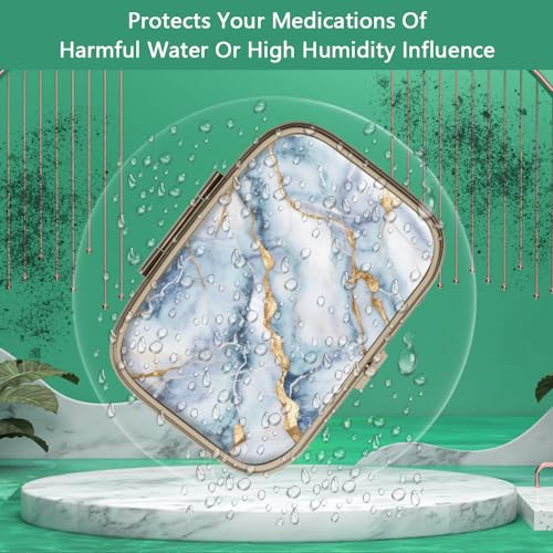 Image of Pill Case Pill Box with Mirror Retro 2 Compartment Small Pill Case for Purse or Pocket Bronze Rectangular Pill Box or Vitamins, Fish Oil, Supplements, Pill Containe Travel Gifts(White Blue Marble)