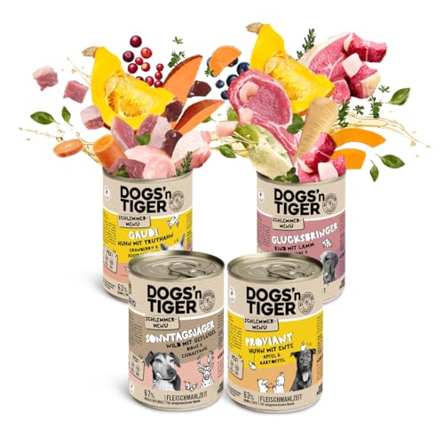 Dogs’n Tiger Adult Hundefutter, Nassfutter, Getreidefrei, Schlemmerpaket, ohne Zuckerzusatz & künstliche Konservierungsstoffe, optimale Verträglichkeit, Wild, Huhn, Ente, Lamm & Rind, 12x400g