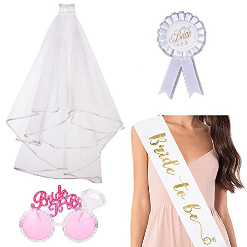 Respai Voile de mariée Bride to Be Sash enterrement Accessoires de fête Décorations Mariage Blanc voile de mariage Lunettes en forme de badge, 4 en 1