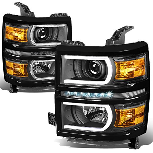 LED DRL + U Tube Bar Projector Black Housing Amber Corner Headlight Lamps Compatible with Chevy Silverado 1500 14-15