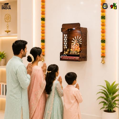 Image of Gift Kya De Wooden Temple for Home | Premium Design Pooja Mandir for Home, Office, Shop with Storage, Can be Used as Pooja Stand for Wall Mounted with LED Spot Light (DIY)(16x10 inch)