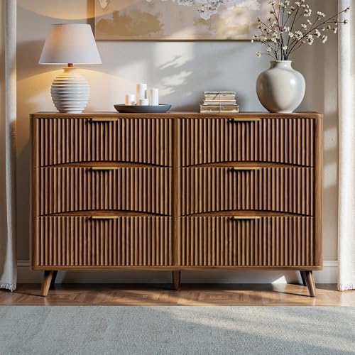 Image of Evermagin 54 inch Wide Fluted 6 Drawer Dresser, Mid Century Modern Curved Dresser, Light Wood Chest of Drawers for Bedroom, Living Room and Entryway, Walnut