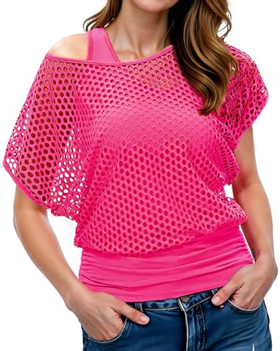 WILDPARTY Women Casual Sexy 80s Costumes Fishnet Neon Off Shoulder T-Shirt Two Pieces (Pink-M)