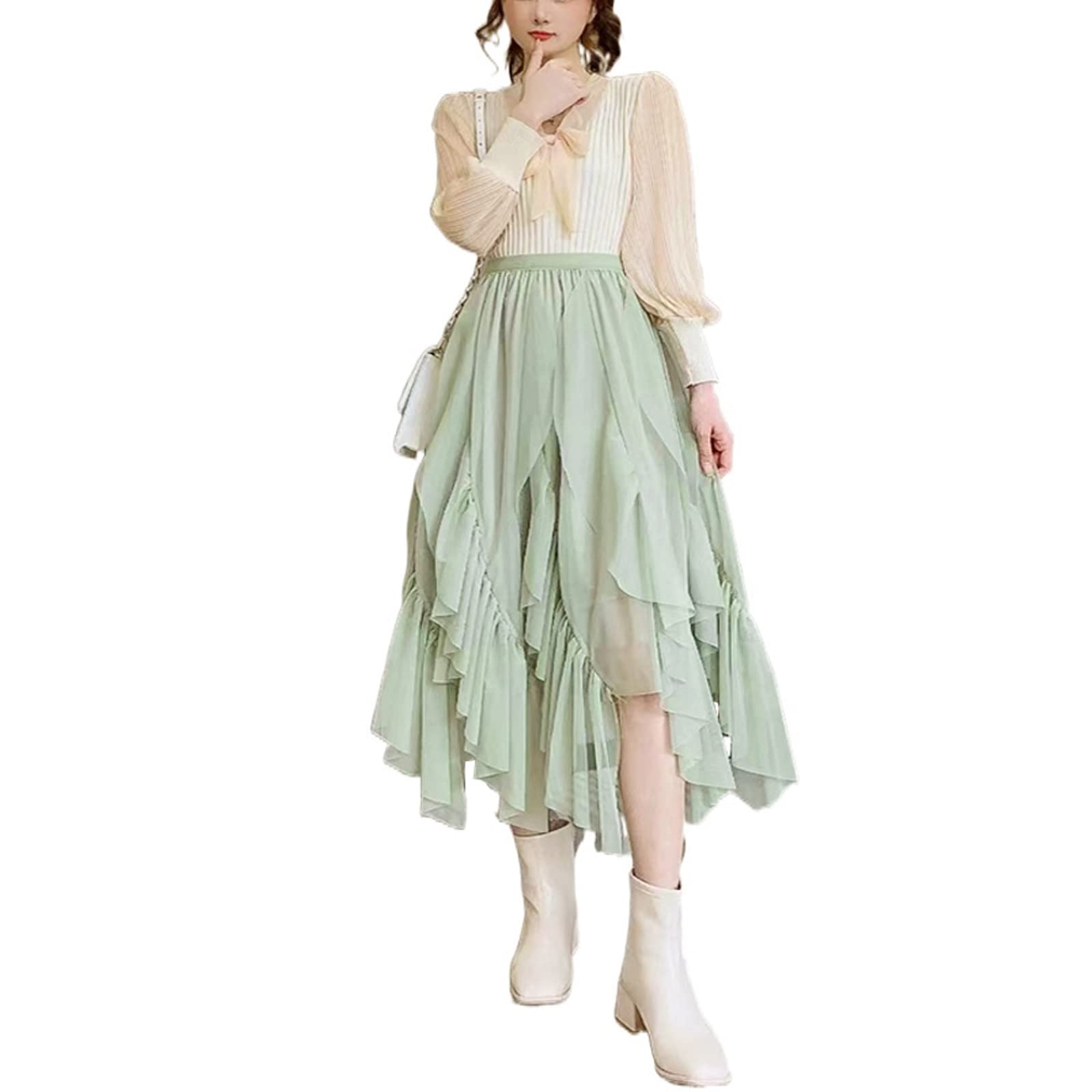 Jupes asymétriques en tulle pour femme - Taille haute élastique - Jupe tutu plissée - Jupe midi décontractée en maille, Vert plissé, taille unique
