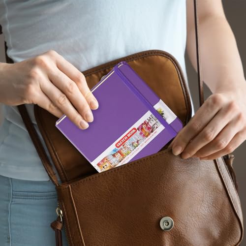 Image of 5x5 Pocket Sketch Book,80gsm Hardcover Art Sketchbook for Drawing Journal | PU Cover,Blank Paper,96Sheets /192Pages,Lay-Flat,Portable Travel Creation Paint Diary Memo Planner,Dry Media.Purple