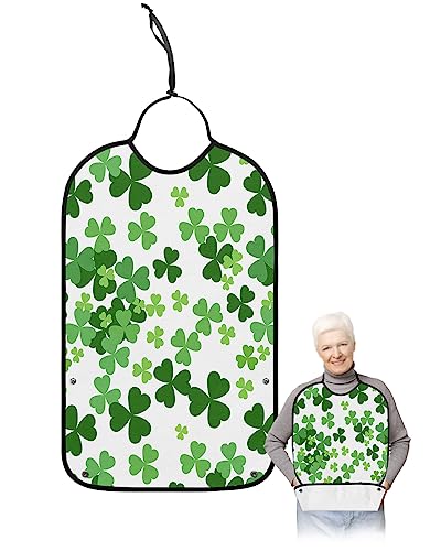 St. Patrick's Day Adult Bibs for Eating, Waterproof Bibs with Food Catcher & Adjustable Snap Closure, Falling Green Lucky Clover White Backdrop Clothing Protectors Adult Bibs for Elderly Women/Men