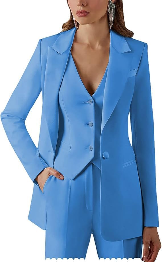Women Suits Office Work 3 Pieces Set Lady Blazer Formal Business Suit Wedding Tuxedos Party (Blazer+Vest+Pants)(Blue,6)