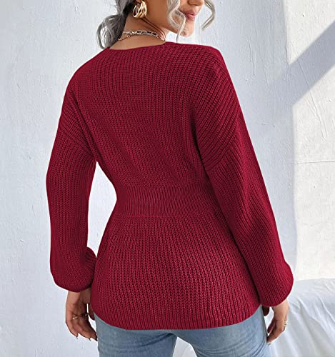 Image of Veatzaer Womens V Neck Sweaters Fall Trendy Casual Long Lantern Sleeve Ribbed Knit Pullover Sweater Tops