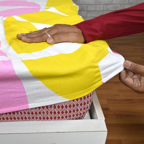 Image of Divine Casa King Size Fitted Bedsheet with 2 Pillow Covers (200 x 180 CM) | Cotton Twill Satin Retro Geometric Print | Pink & Yellow Elastic Fitted Sheet for Mattress.