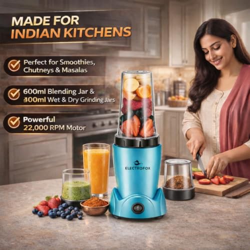 Image of Electrofox Belndo+ 2 Jar Bullet Nutri 750 W Juicer Mixer Grinder (2 Jar Nutri Blendo+ | 2 Jars | Aqua Blue) 2 Year Warranty