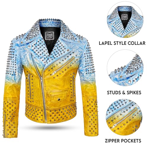 Mens Studded Spiked Skull Rockstar Biker Geniune Leather Jacket - Funky Punk Rock Motorcycle Streetwear Coat4