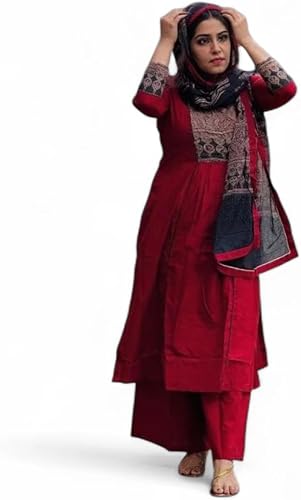 Pure Cotton Kurti Punjabi Set in Red with Black Dupatta, 3-Piece Salwar Suit, Size L