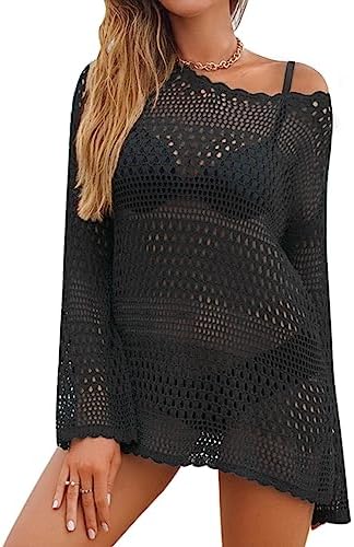 AOLRO Bathing Suit Cover Ups for Women Crochet Long Sleeve Swimsuit Hollow Out Bikini Coverup Tunic Top Beach Outfits S-XXL