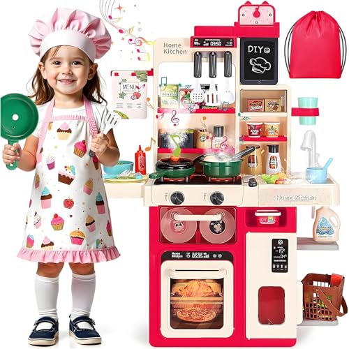 Saraele Kids Kitchen Playset 63 Pcs Play Kitchen Toy Set for Kids with Real Interactive Lights & Sounds Water Sink & Accessories Pretend Cooking Set Toy Ideal Birthday Gift for Girls Age 3+
