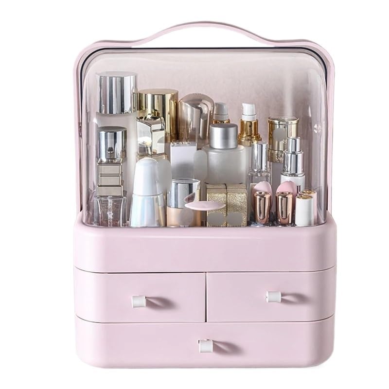 Organizer Trucchi 1 scatola for cosmetici, antipolvere, organizer da scrivania con cassetto for riporre oggetti domestici(Pink)