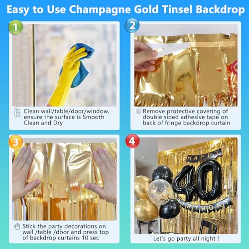 Image of 2 Pack 3.3x8.2 FT Gold Backdrop Birthday Decorations Foil Tinsel Curtain Gold Dooor Streamers Party Hanging Decorations Photo Booth Props for Birthday Graduation Bachelorette Christmas New Years Eve